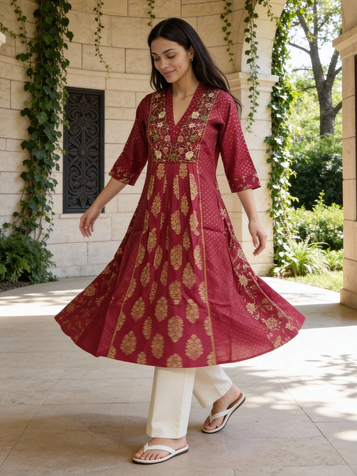 Buy Poly Viscose Embroidered Flared Calf Length Kurta-Fuchsia