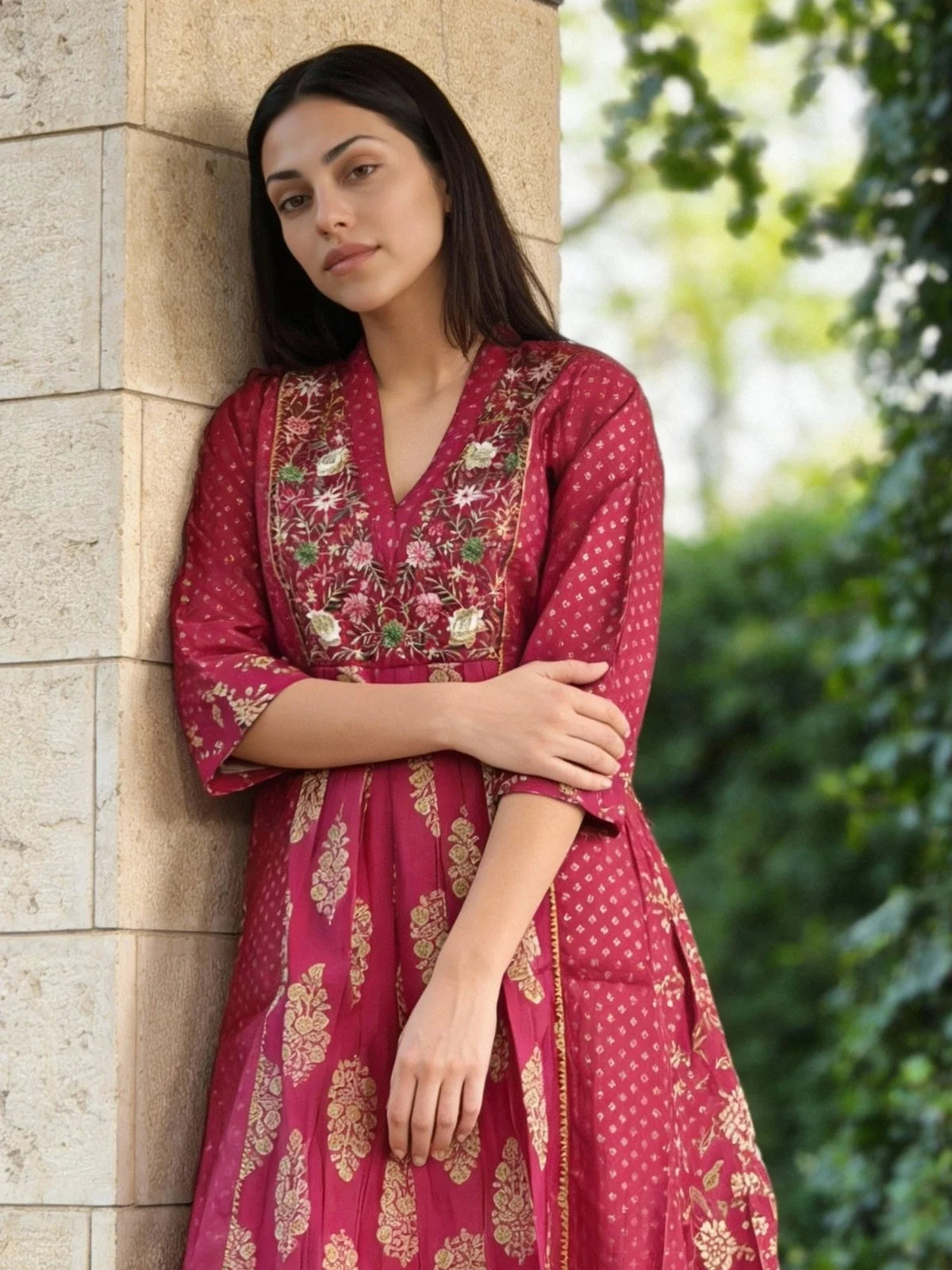 Buy Poly Viscose Embroidered Flared Calf Length Kurta-Fuchsia