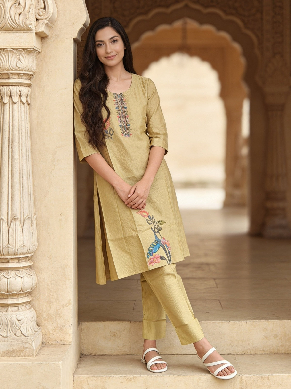 Buy Viscose Embroidered A-Line Knee Length Kurta With Pant-Mustard