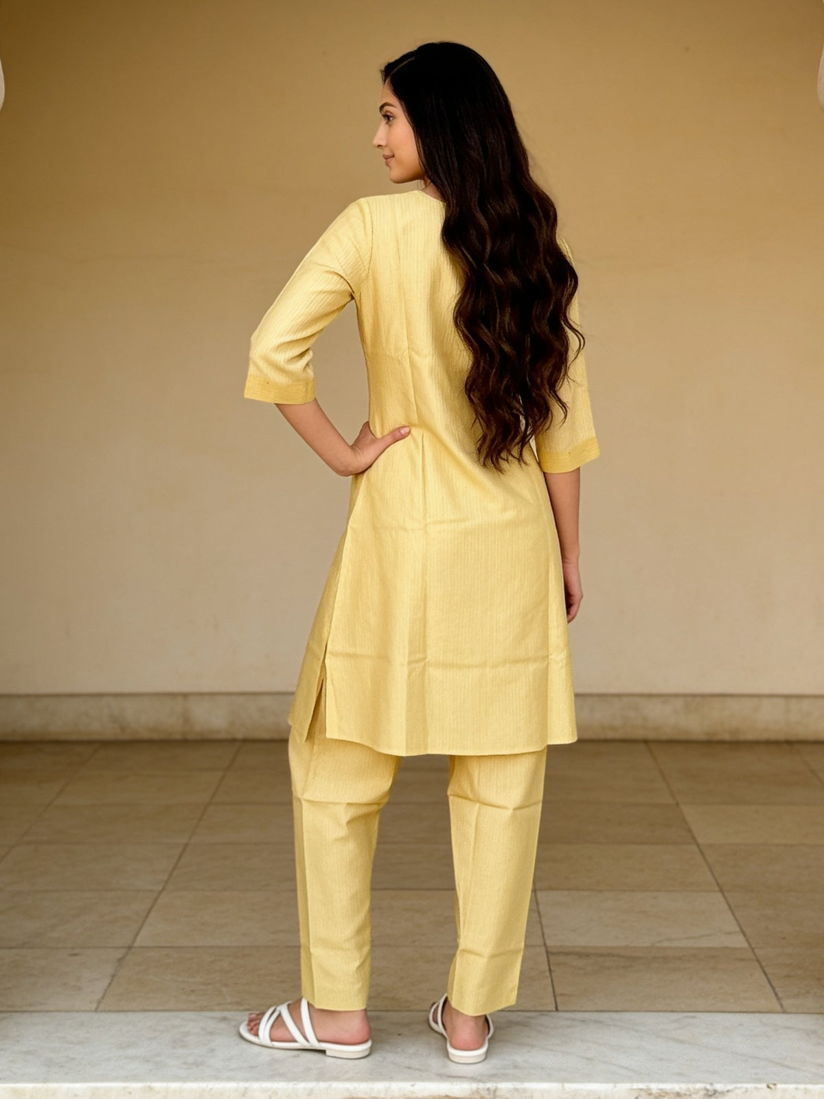 Buy Viscose Embroidered A-Line Knee Length Kurta With Pant-Mustard