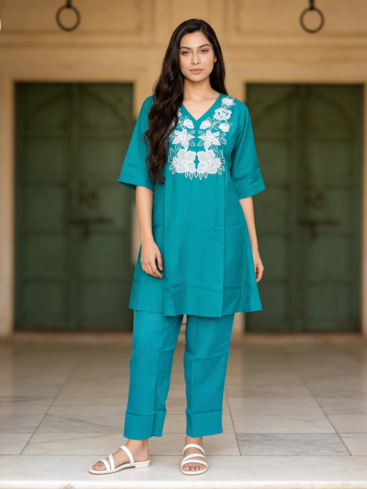 Buy Viscose Embroidered A-Line Knee Length Kurta With Pant-Teal
