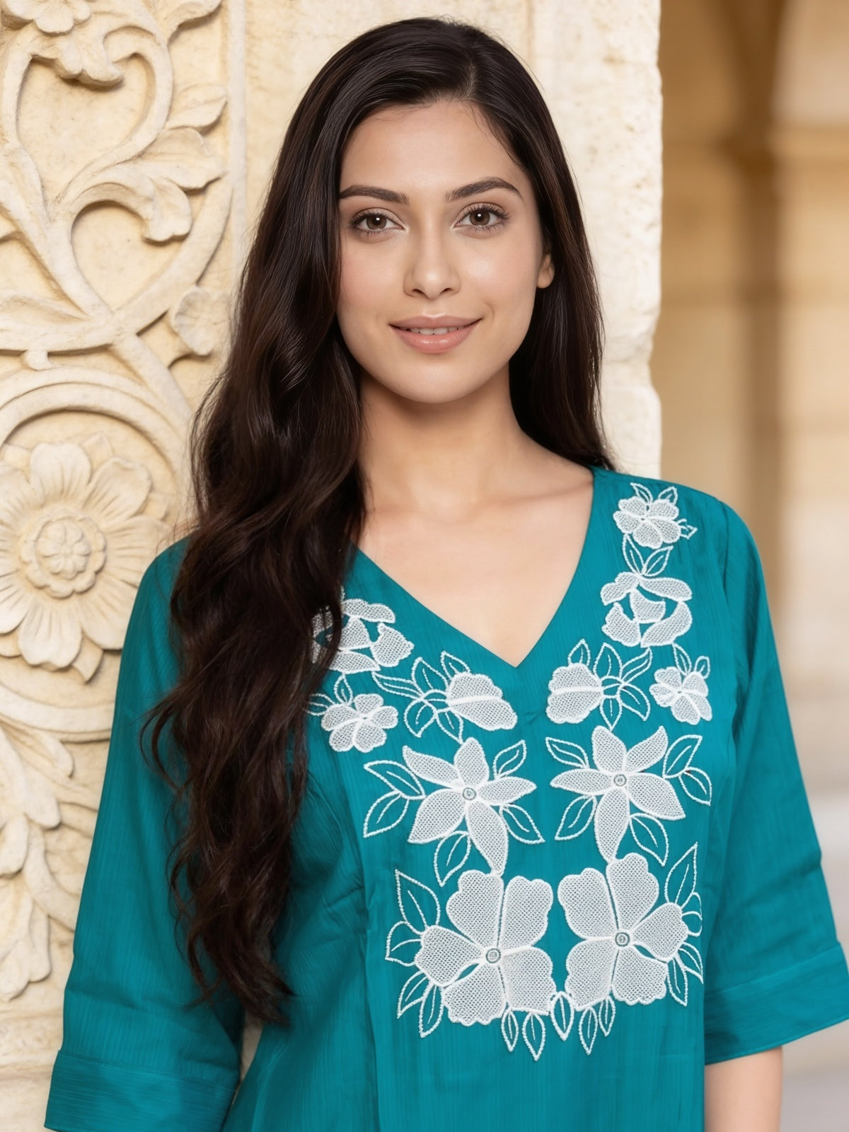 Buy Viscose Embroidered A-Line Knee Length Kurta With Pant-Teal
