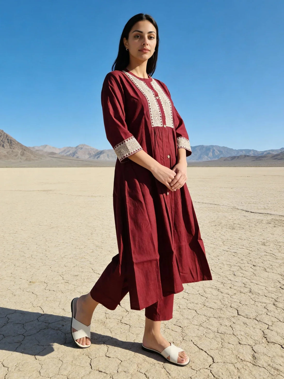 Buy Poly Viscose EmbroideFlaCalf Length Kurta with Pant and Dupatta-Red