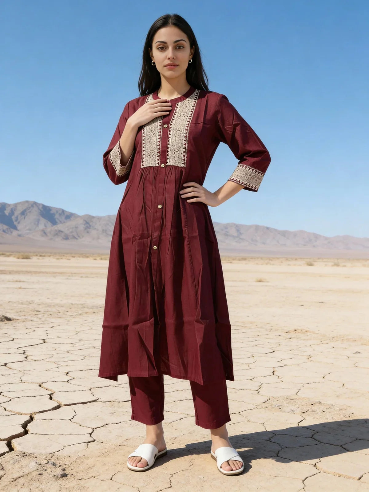 Buy Poly Viscose EmbroideFlaCalf Length Kurta with Pant and Dupatta-Red