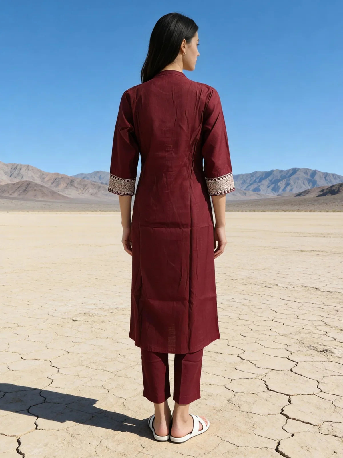 Buy Poly Viscose EmbroideFlaCalf Length Kurta with Pant and Dupatta-Red