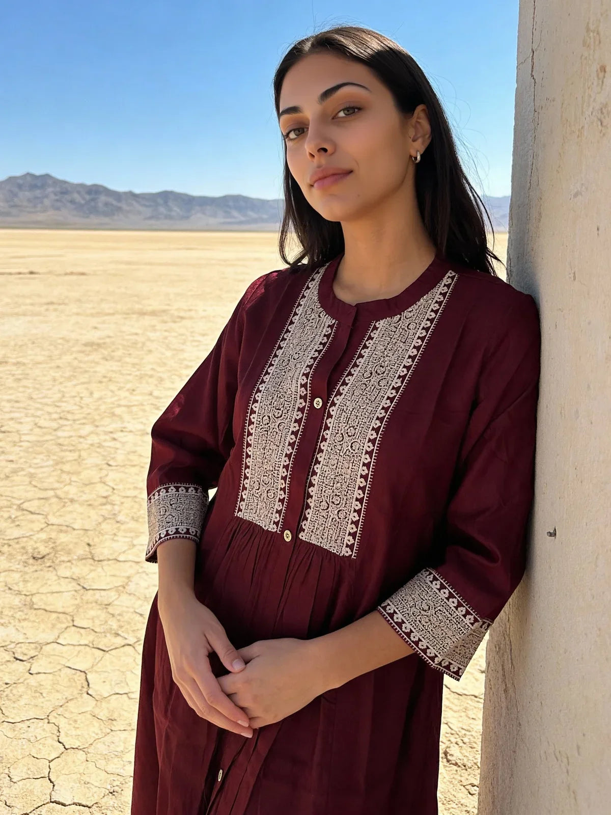 Buy Poly Viscose EmbroideFlaCalf Length Kurta with Pant and Dupatta-Red