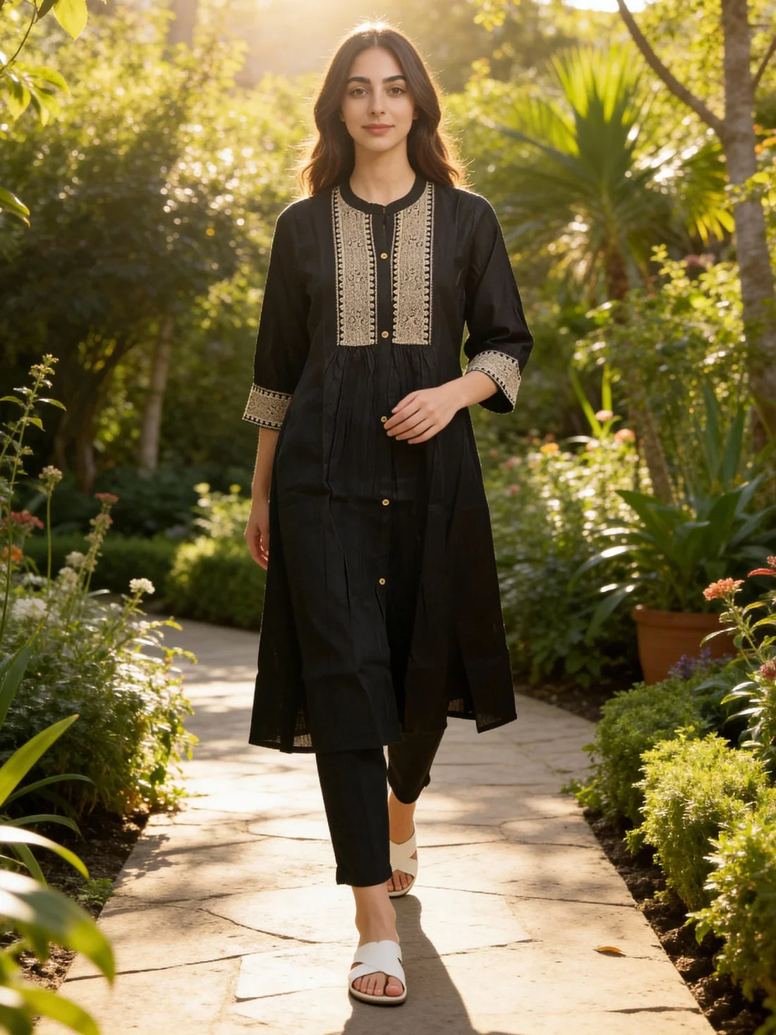 Buy Poly Viscose Embroidered Flared Calf Length Kurta with Pant and Dupatta-Black