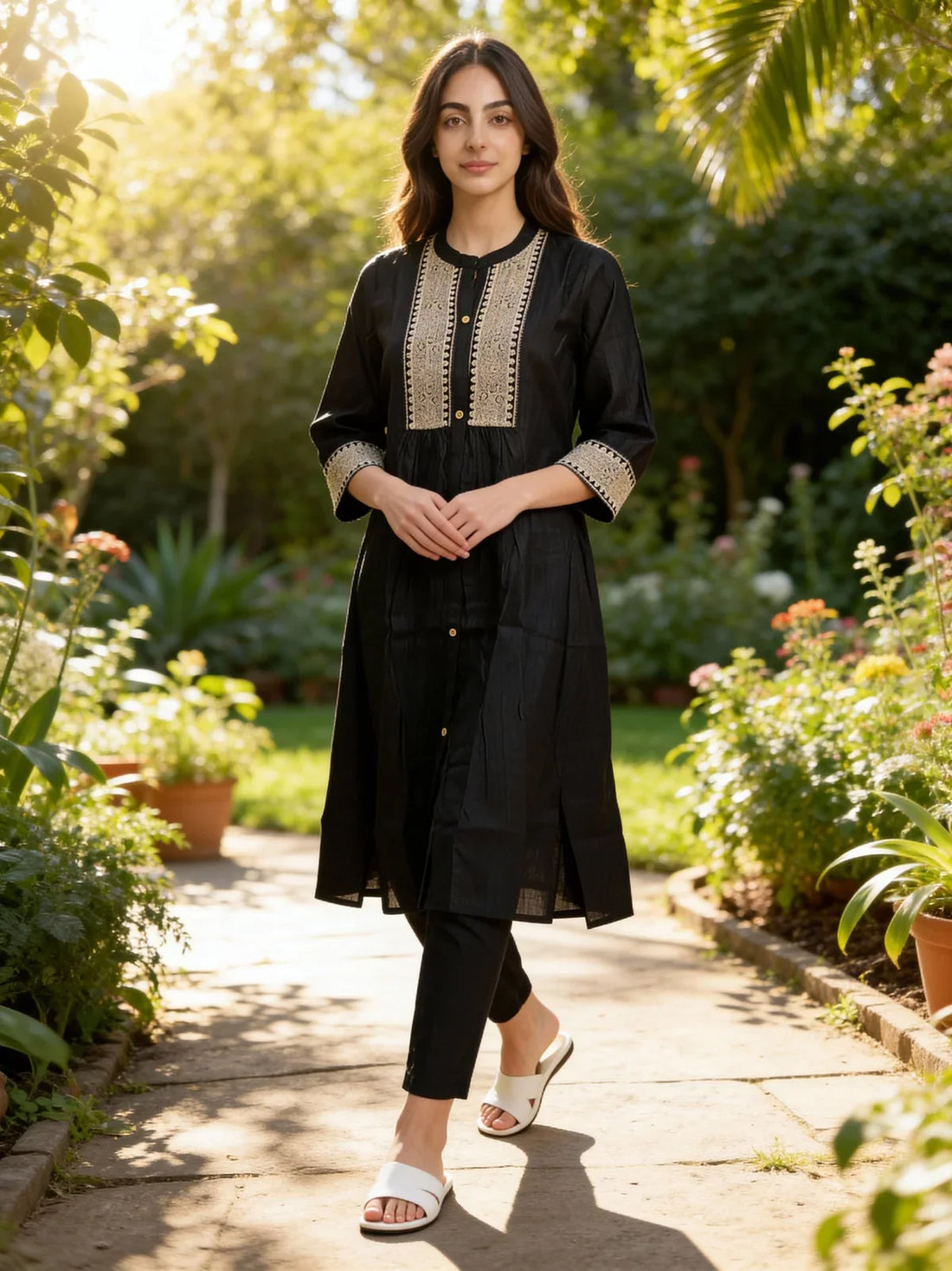 Buy Poly Viscose Embroidered Flared Calf Length Kurta with Pant and Dupatta-Black