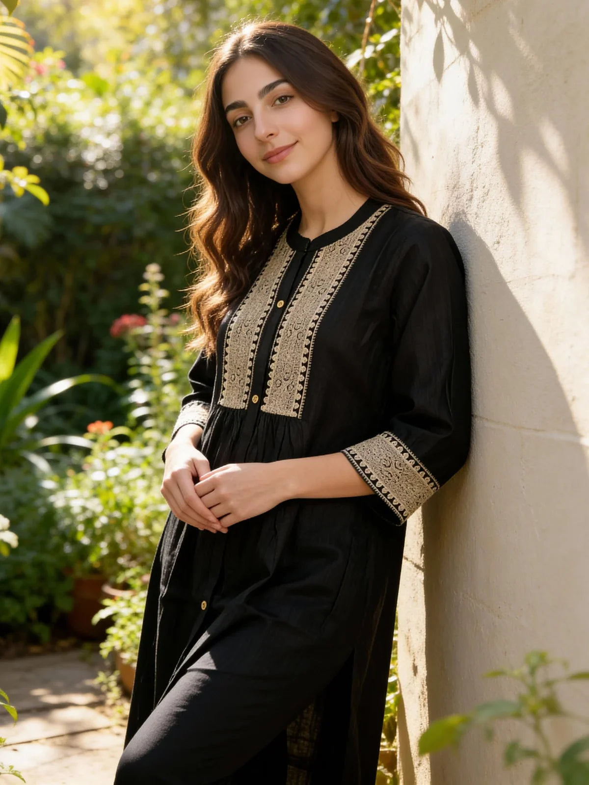 Buy Poly Viscose Embroidered Flared Calf Length Kurta with Pant and Dupatta-Black