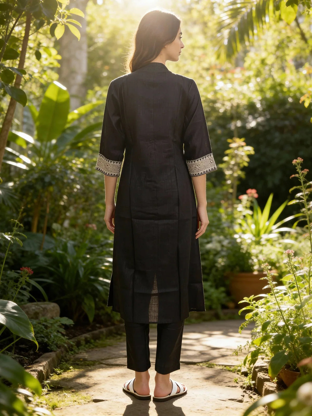 Buy Poly Viscose Embroidered Flared Calf Length Kurta with Pant and Dupatta-Black