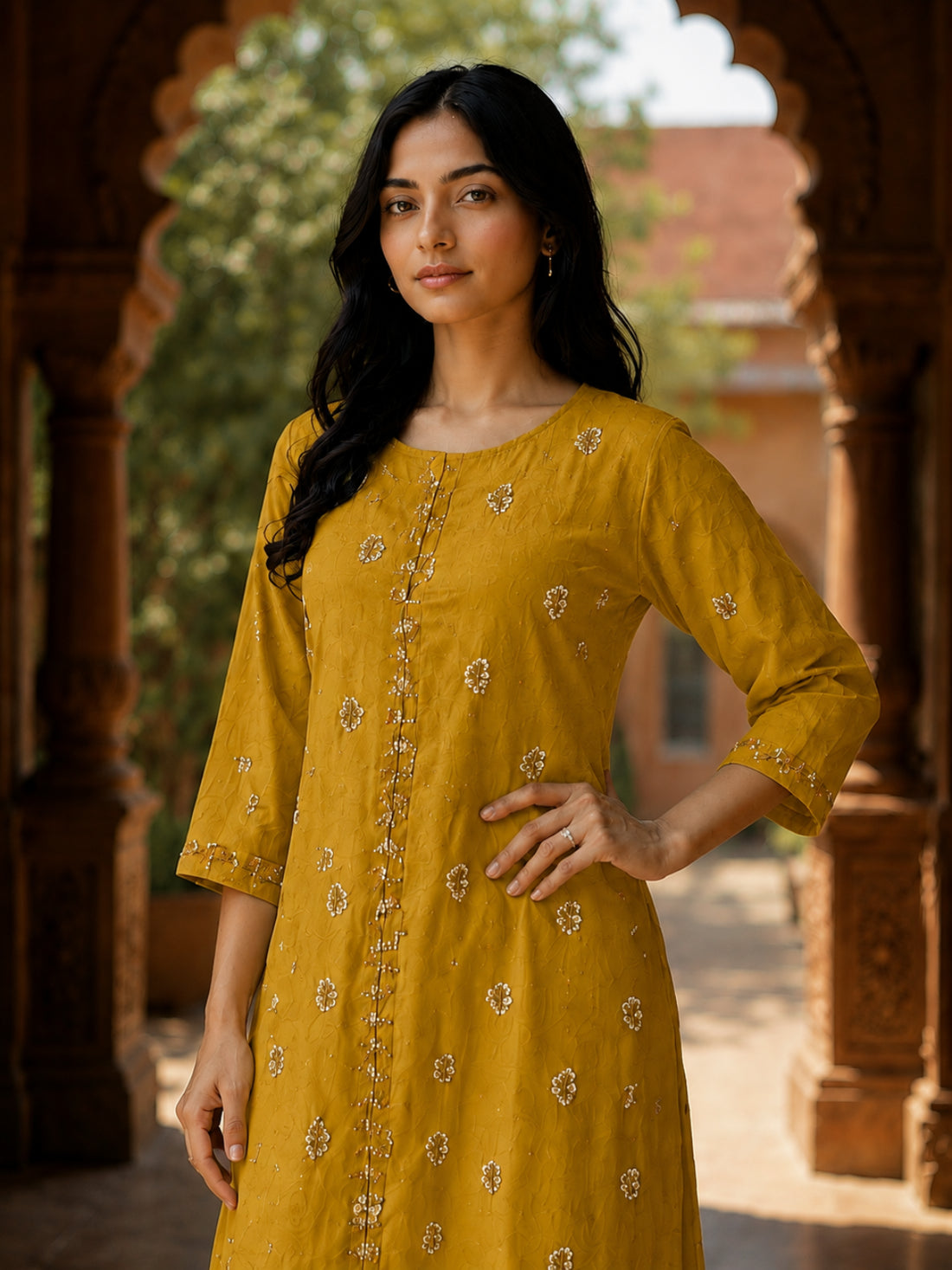 Buy Poly Viscose Embroidered Straight Calf Length Kurta With Pant-Mustard