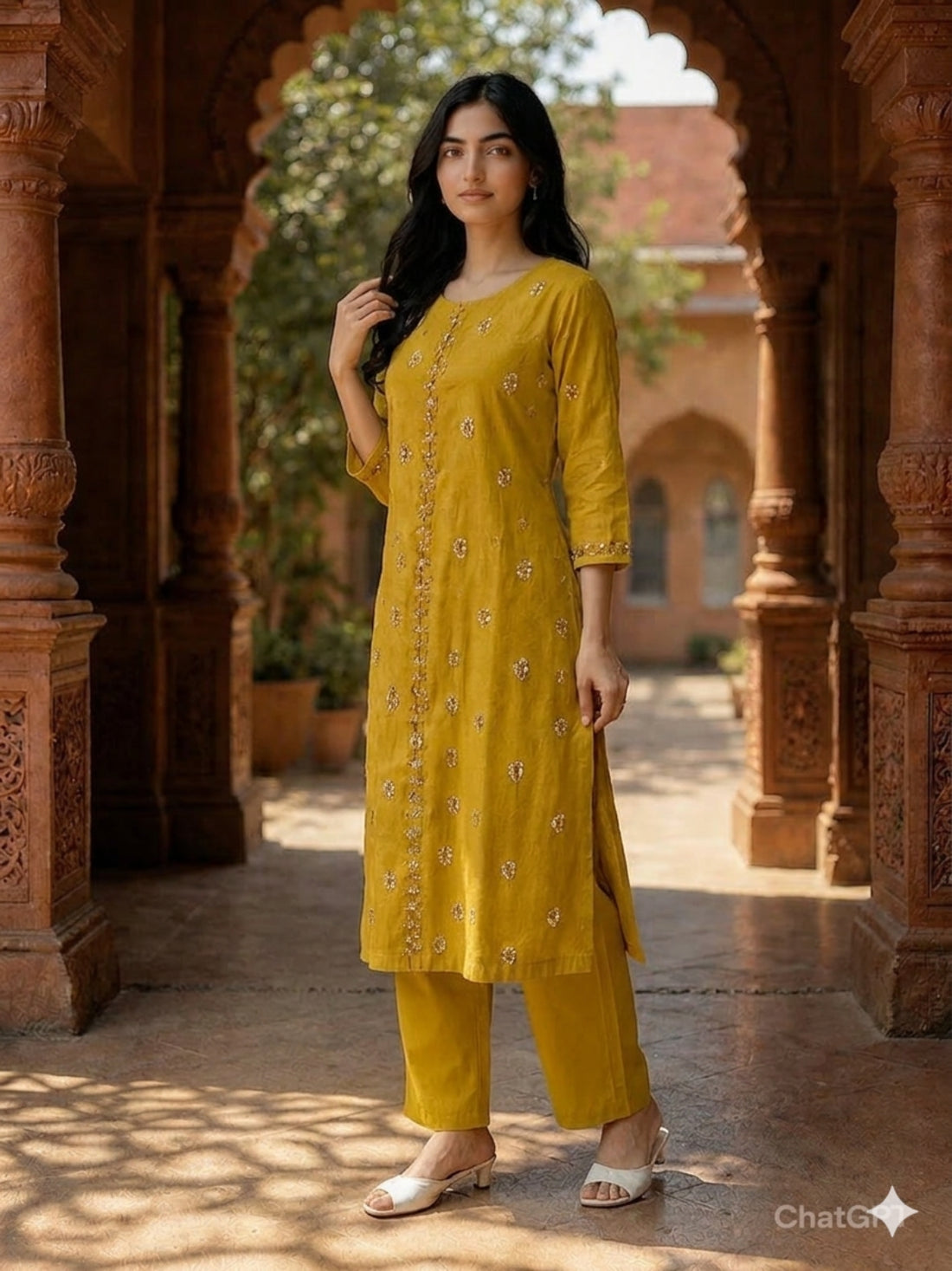 Buy Poly Viscose Embroidered Straight Calf Length Kurta With Pant-Mustard