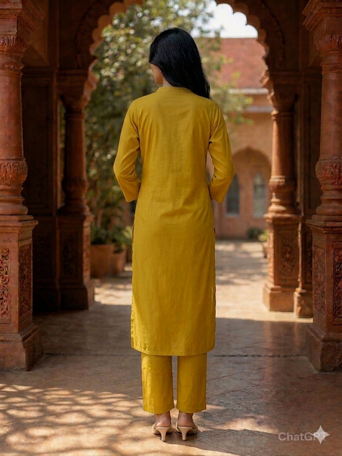 Buy Poly Viscose Embroidered Straight Calf Length Kurta With Pant-Mustard
