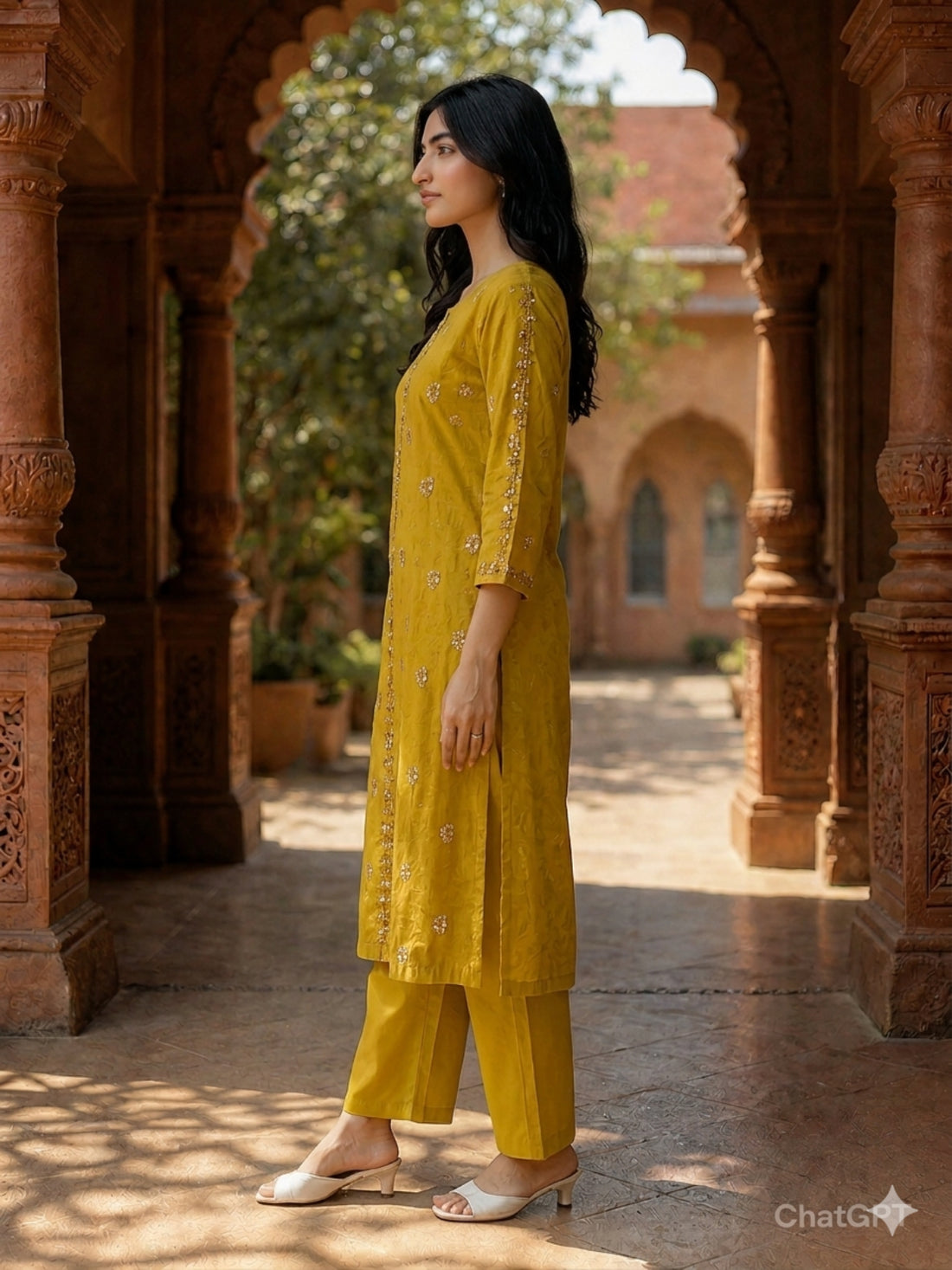 Buy Poly Viscose Embroidered Straight Calf Length Kurta With Pant-Mustard