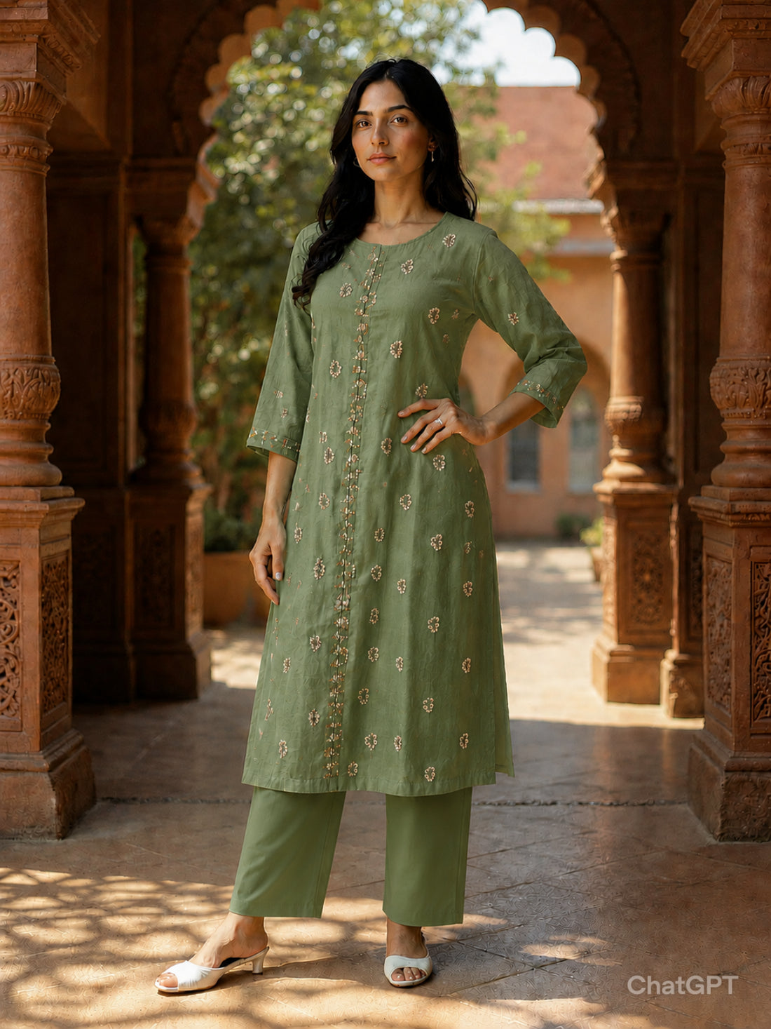 Buy Poly Viscose Embroidered Straight Calf Length Kurta With Pant-Green