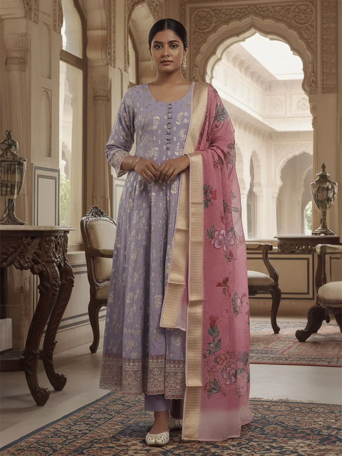 Buy Poly Viscose Embroidered Anarkali Calf Length Kurta with Pant and Dupatta-Lavender