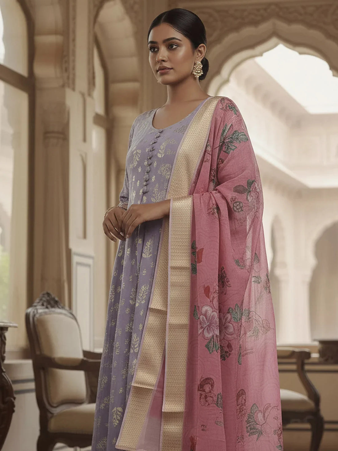 Buy Poly Viscose Embroidered Anarkali Calf Length Kurta with Pant and Dupatta-Lavender