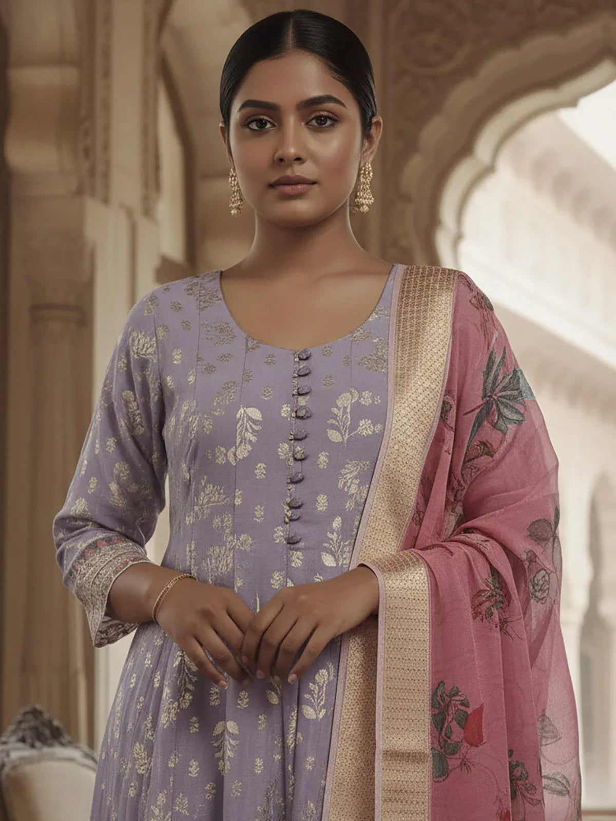 Buy Poly Viscose Embroidered Anarkali Calf Length Kurta with Pant and Dupatta-Lavender