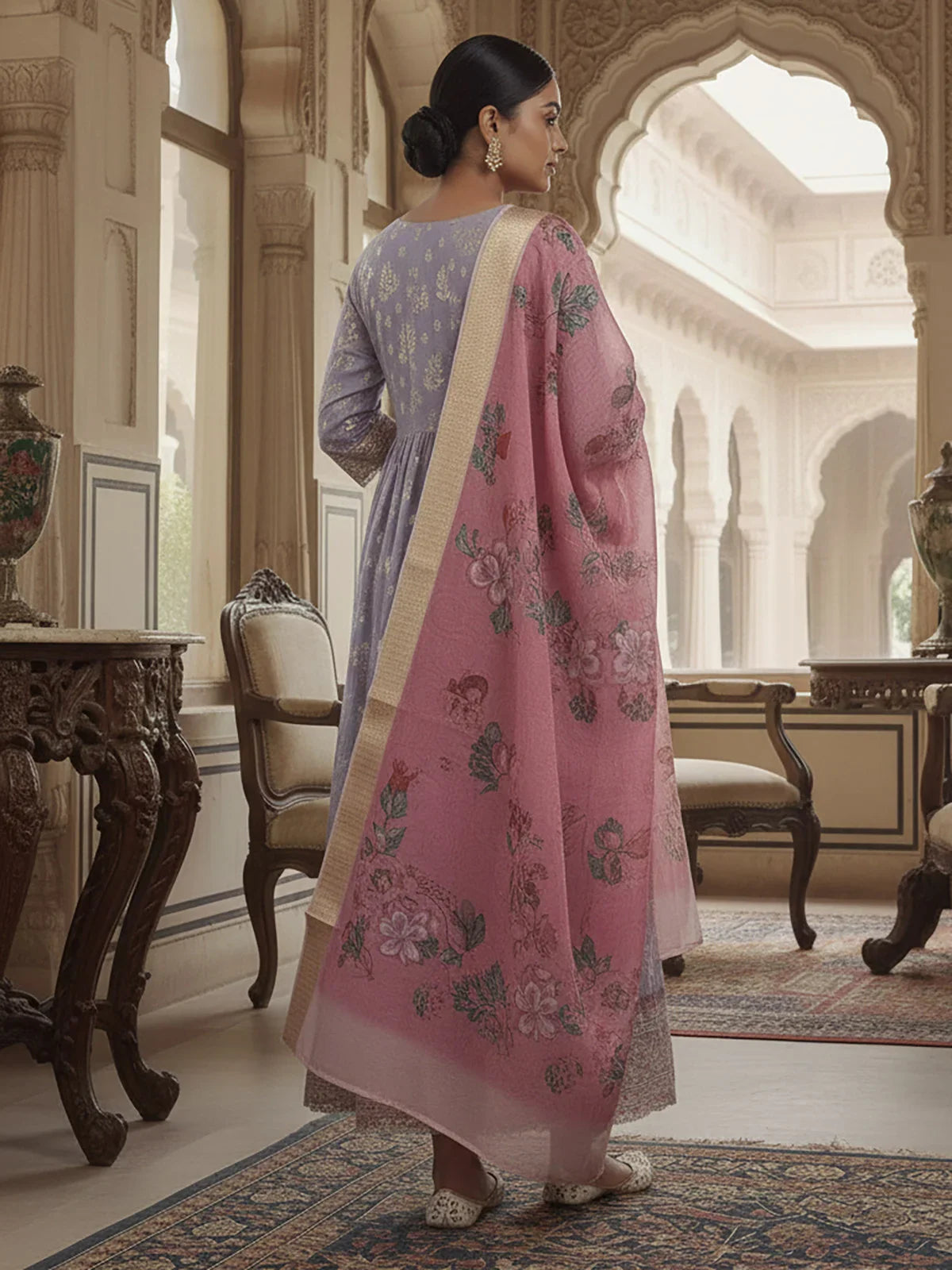 Buy Poly Viscose Embroidered Anarkali Calf Length Kurta with Pant and Dupatta-Lavender