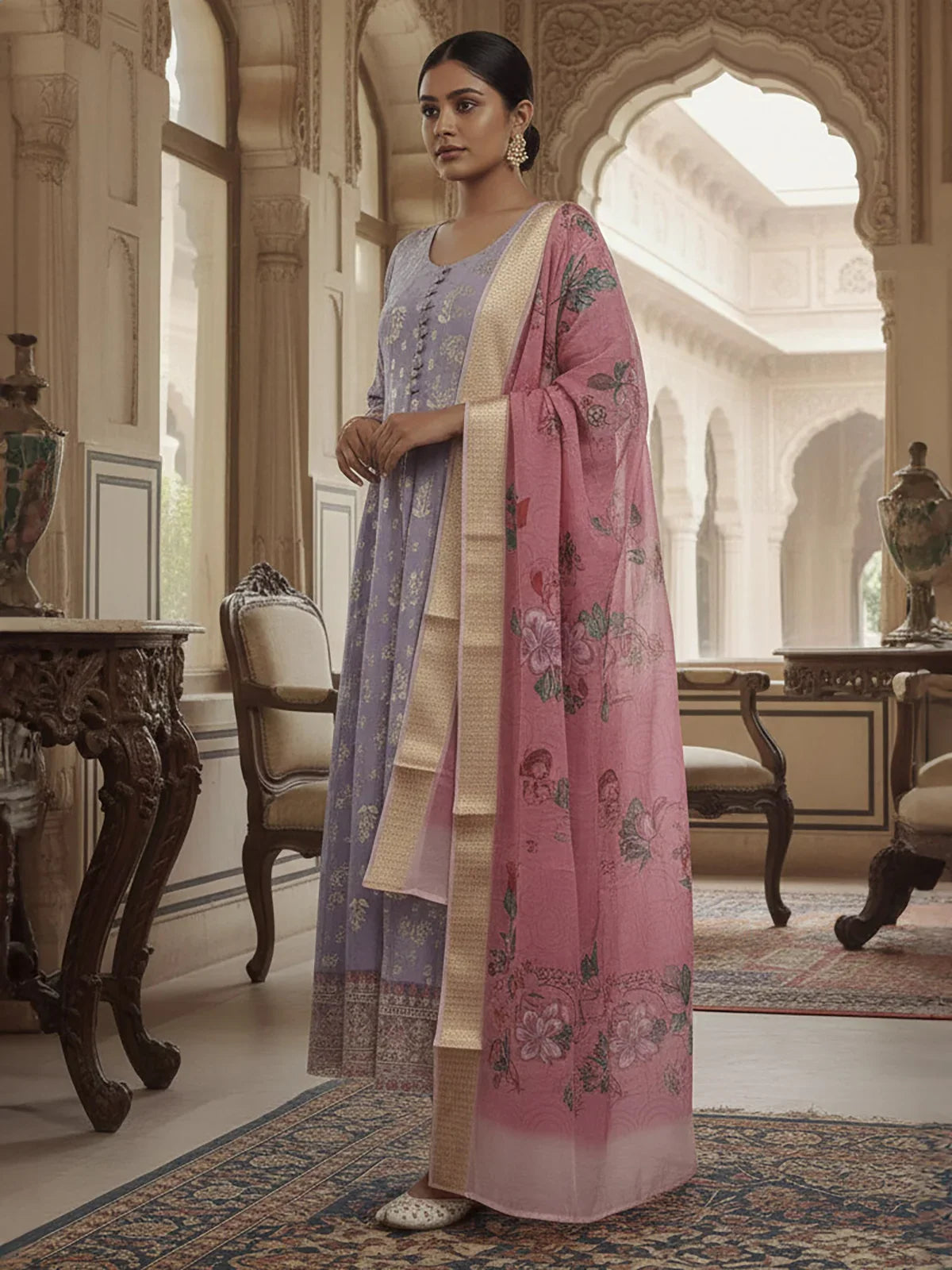 Buy Poly Viscose Embroidered Anarkali Calf Length Kurta with Pant and Dupatta-Lavender