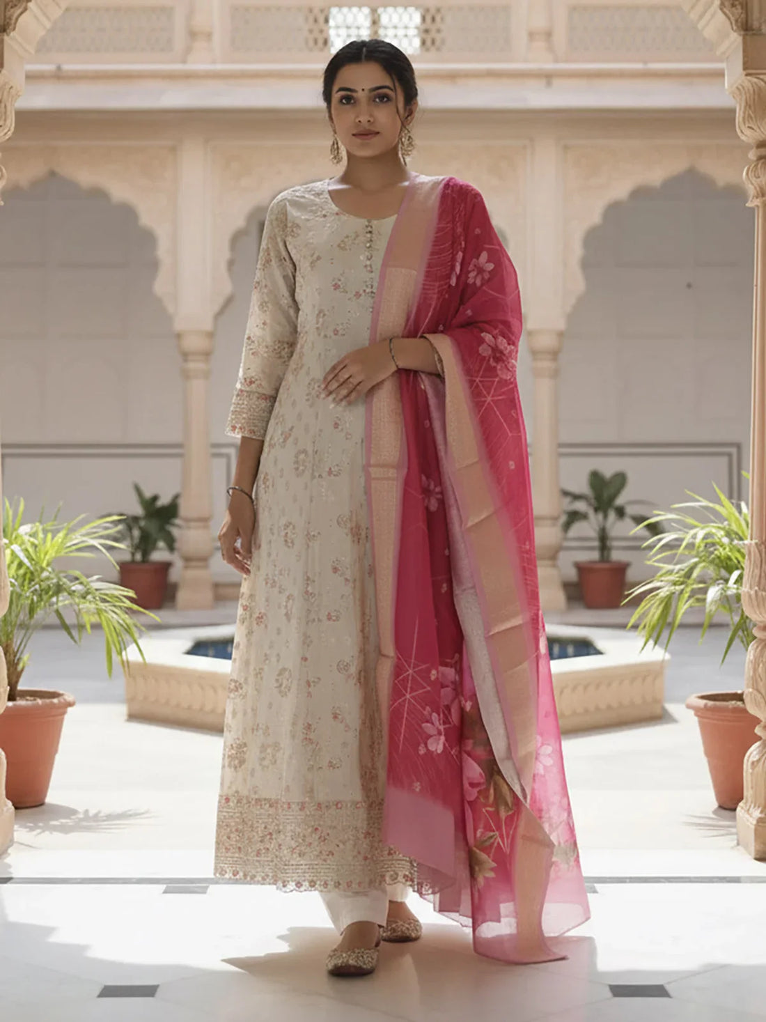 Buy Poly Viscose Embroidered Anarkali Calf Length Kurta with Pant and Dupatta-Beige