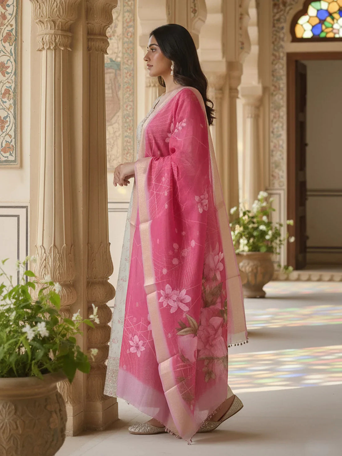 Buy Poly Viscose Embroidered Anarkali Calf Length Kurta with Pant and Dupatta-Beige