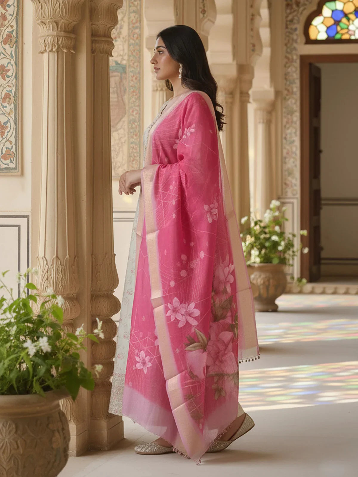 Buy Poly Viscose Embroidered Anarkali Calf Length Kurta with Pant and Dupatta-Beige