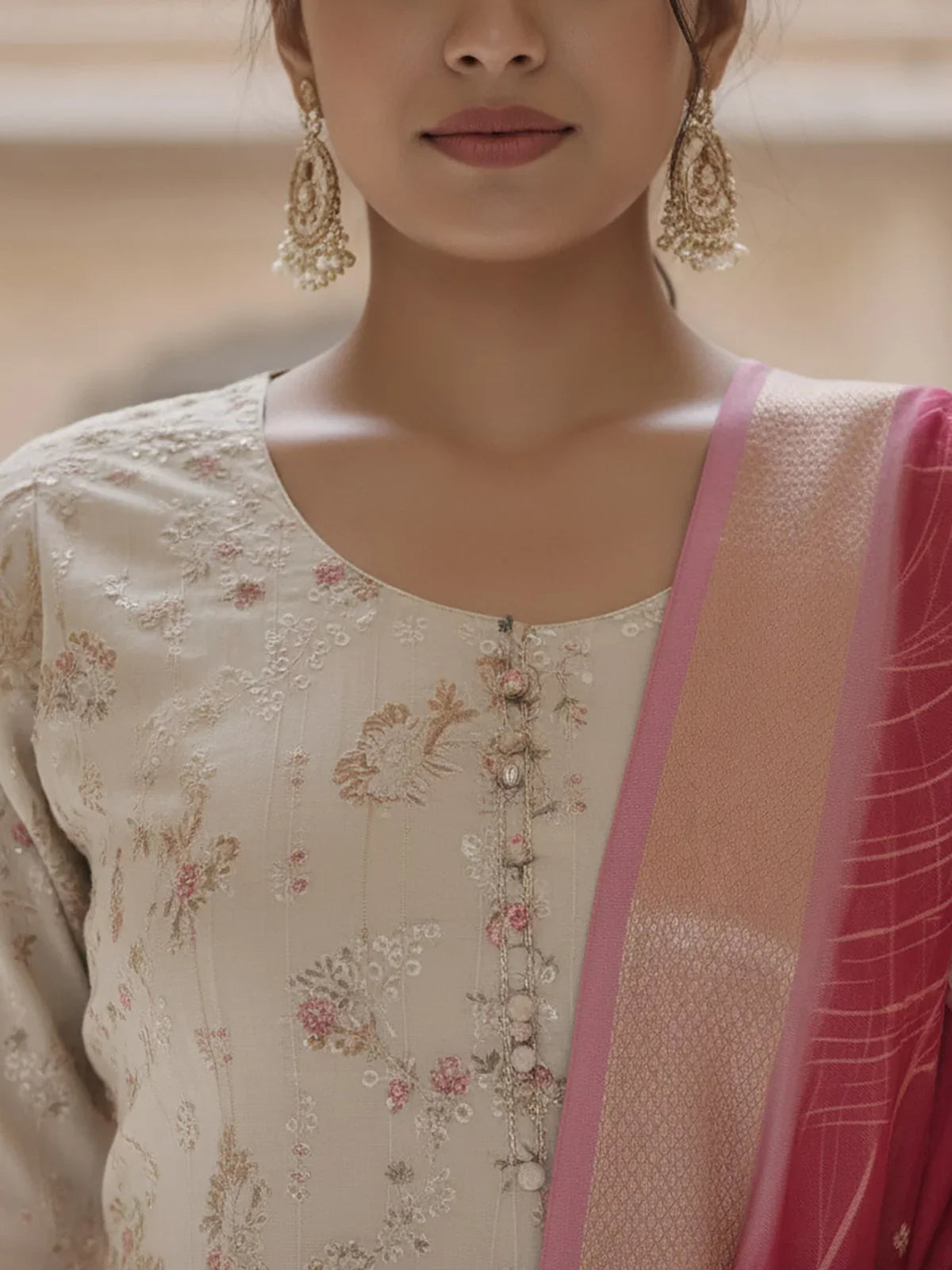 Buy Poly Viscose Embroidered Anarkali Calf Length Kurta with Pant and Dupatta-Beige