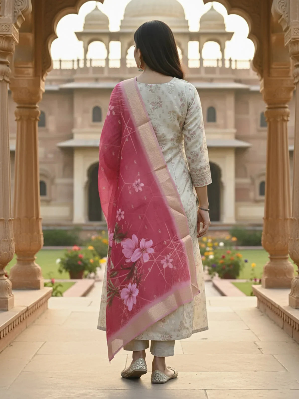 Buy Poly Viscose Embroidered Anarkali Calf Length Kurta with Pant and Dupatta-Beige