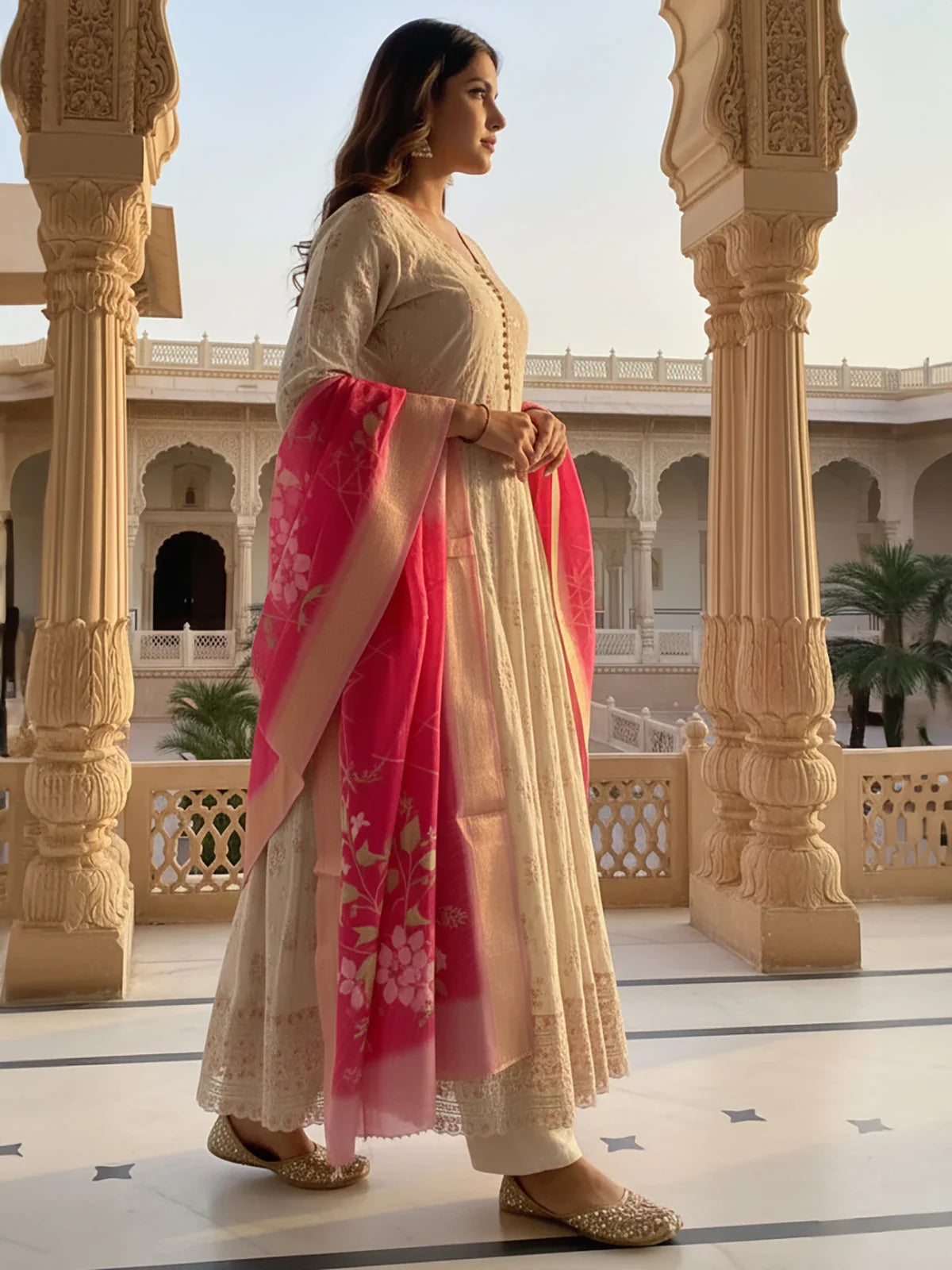 Buy Poly Viscose Embroidered Anarkali Calf Length Kurta with Pant and Dupatta-Beige