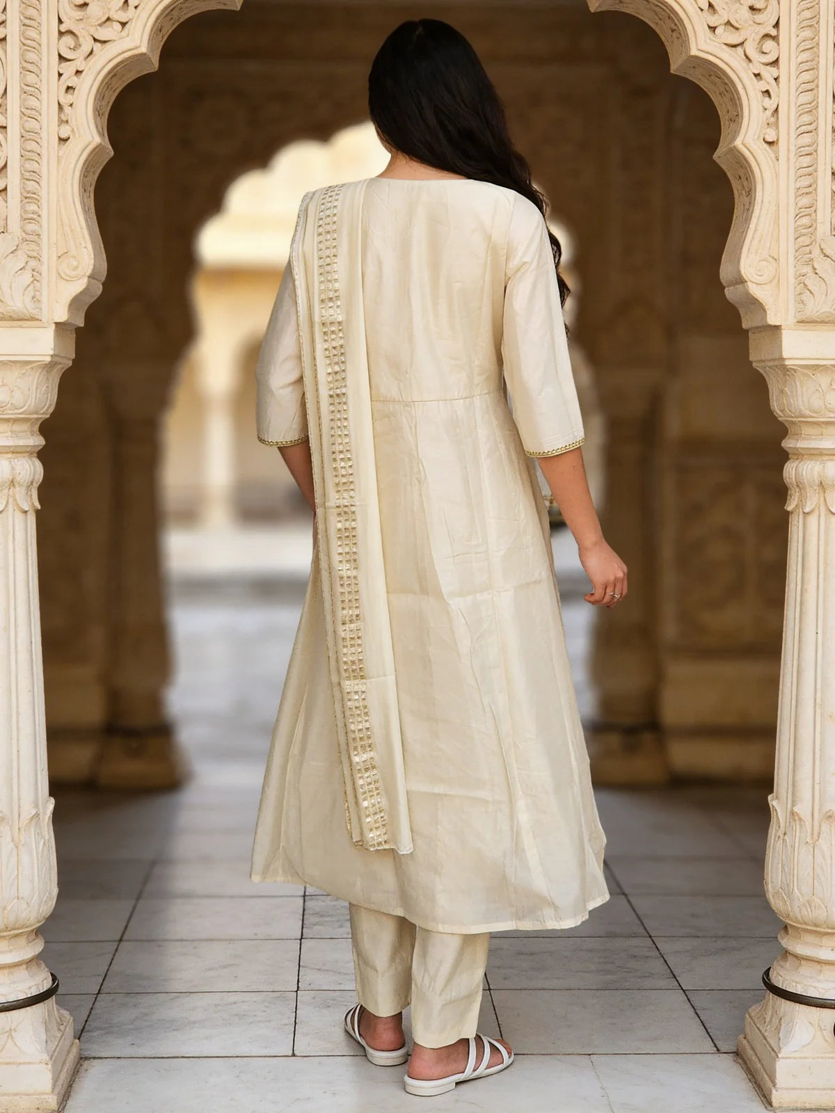 Buy Chanderi Embroidered Anarkali Calf Length Kurta With Pant and Dupatta-White