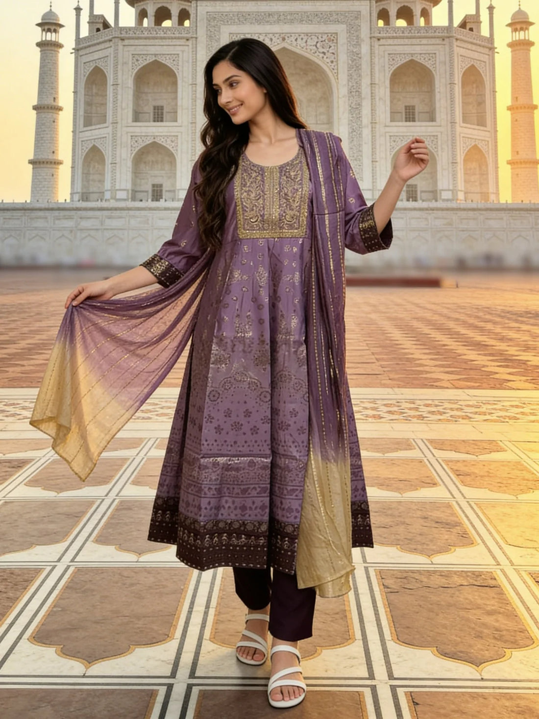 Buy Poly Viscose Embroidered  Anarkali Calf Length Kurta With Pant and Dupatta-Lavender