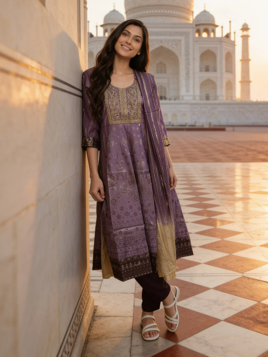 Buy Poly Viscose Embroidered  Anarkali Calf Length Kurta With Pant and Dupatta-Lavender