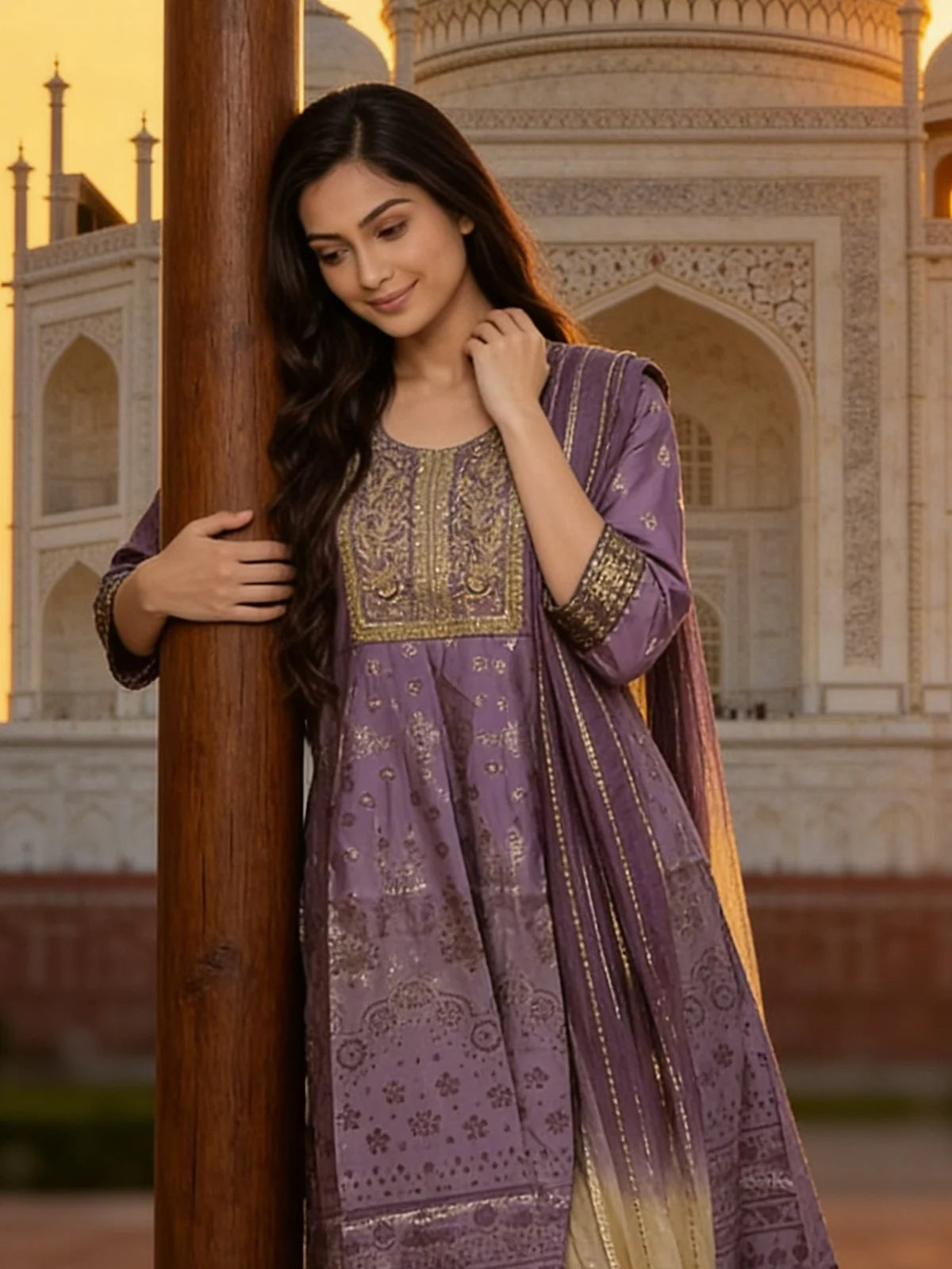 Buy Poly Viscose Embroidered  Anarkali Calf Length Kurta With Pant and Dupatta-Lavender