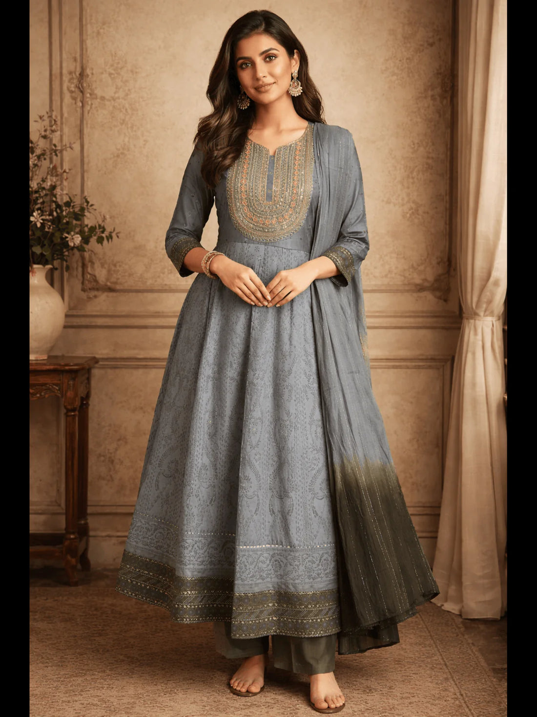 Buy Poly Viscose Embroidered Anarkali Calf Length Kurta with Pant and Dupatta-Light Blue