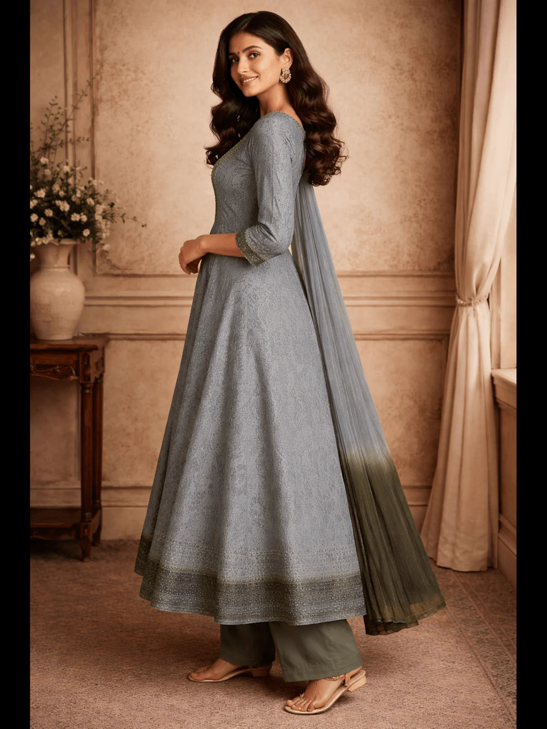 Buy Poly Viscose Embroidered Anarkali Calf Length Kurta with Pant and Dupatta-Light Blue