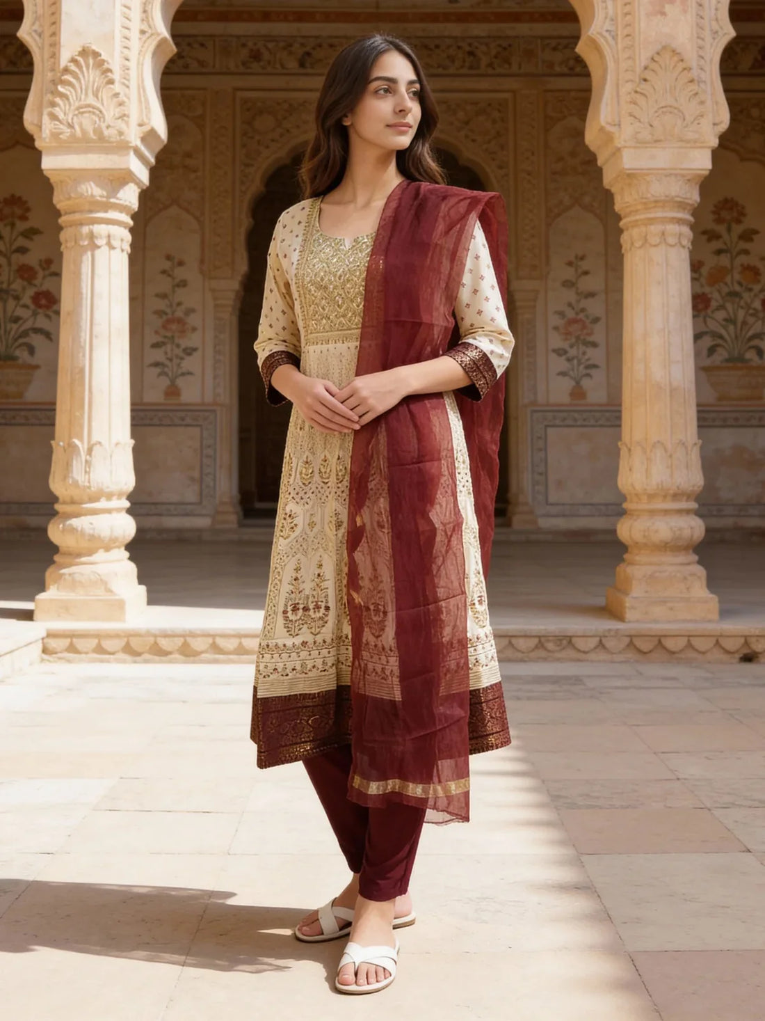 Buy Poly Viscose Embroidered Anarkali Calf Length Kurta with Pant and Dupatta-Beige