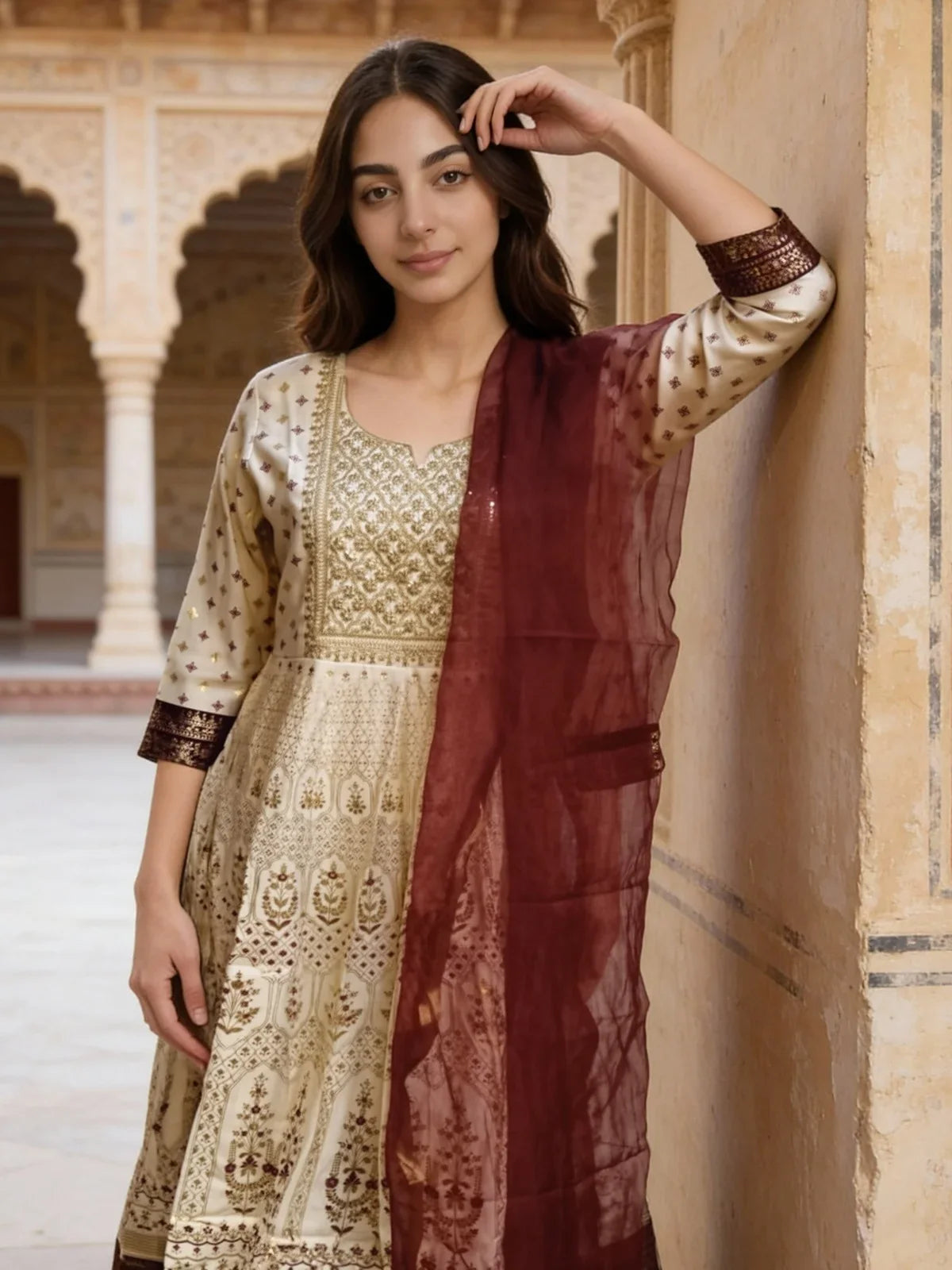 Buy Poly Viscose Embroidered Anarkali Calf Length Kurta with Pant and Dupatta-Beige