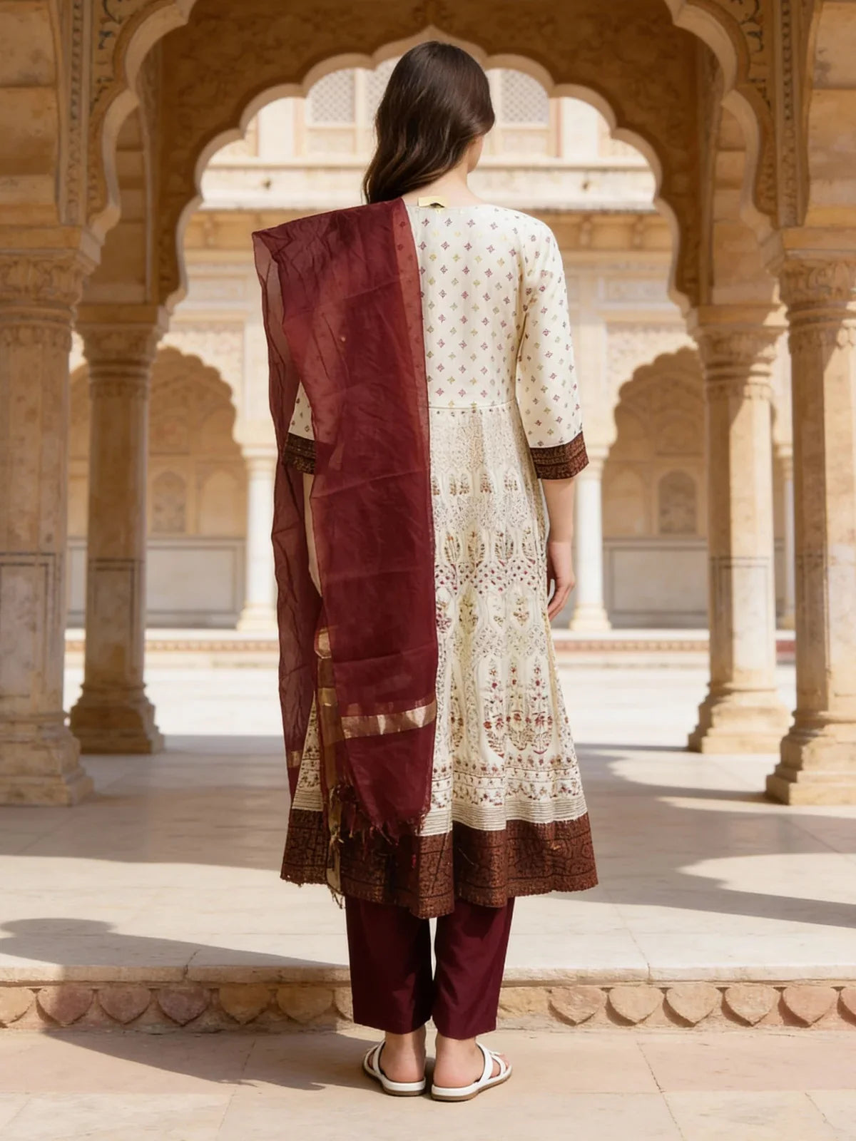 Buy Poly Viscose Embroidered Anarkali Calf Length Kurta with Pant and Dupatta-Beige