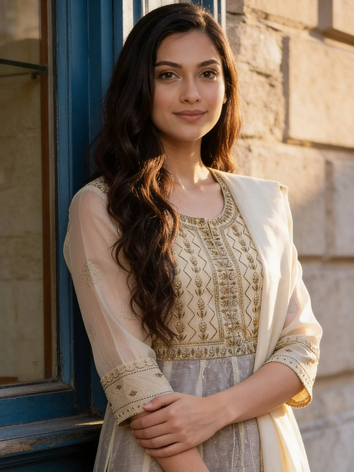 Buy White Poly Viscose Embroidered Anarkali Calf Length Kurta With Pant and Dupatta-White