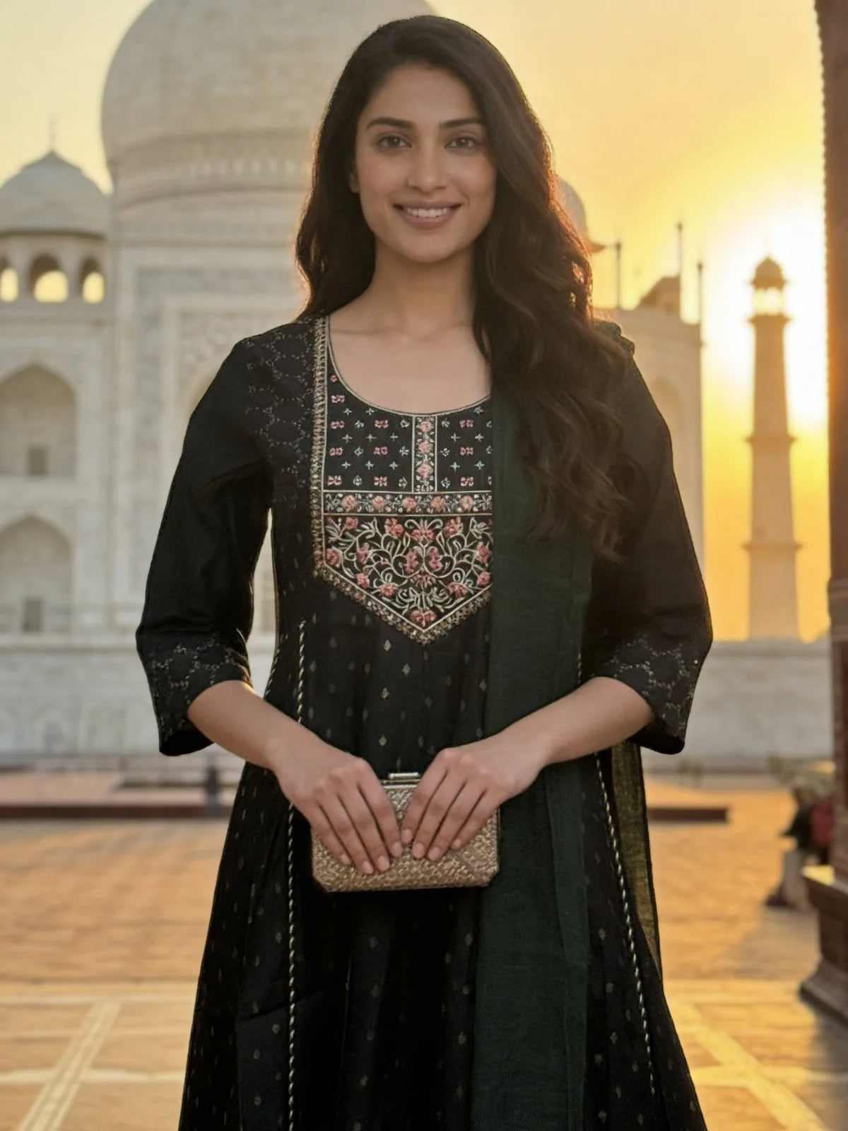 Buy Poly Viscose Embroidered Anarkali Calf Length Kurta With Pant and Dupatta-Teal