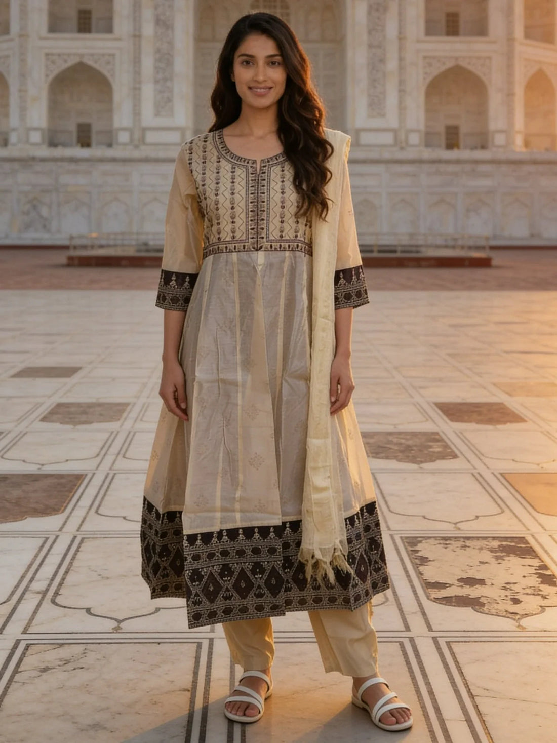 Buy Off White PolyViscose Embroidered Anarkali Calf Length Kurta With Pant and Dupatta-Off White