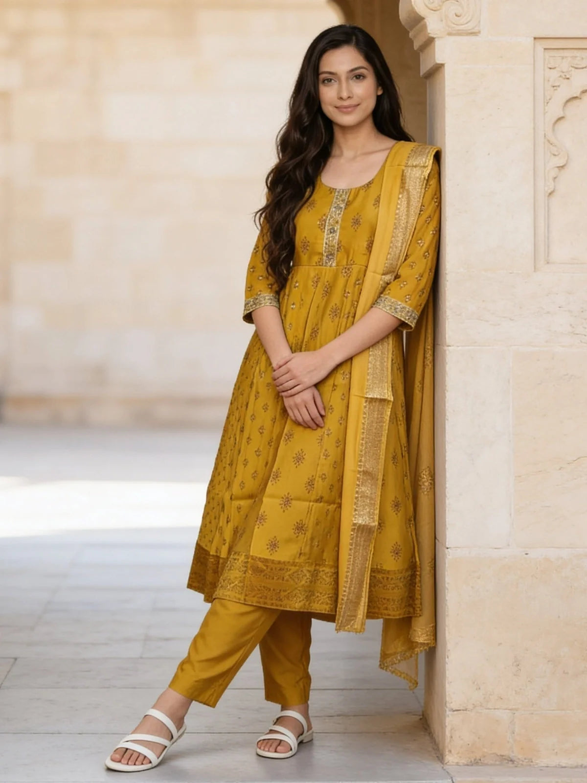 Buy Yellow Poly Viscose Embroidered Anarkali Calf Length Kurta With Pant and Dupatta-Yellow