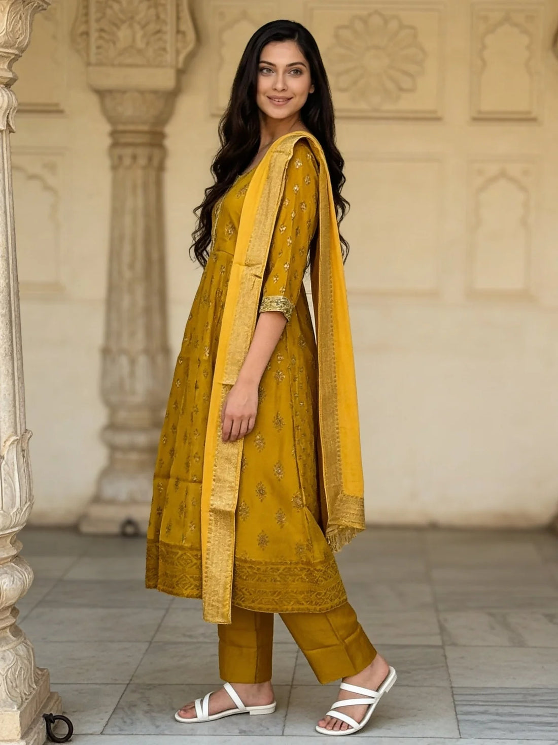 Buy Yellow Poly Viscose Embroidered Anarkali Calf Length Kurta With Pant and Dupatta-Yellow