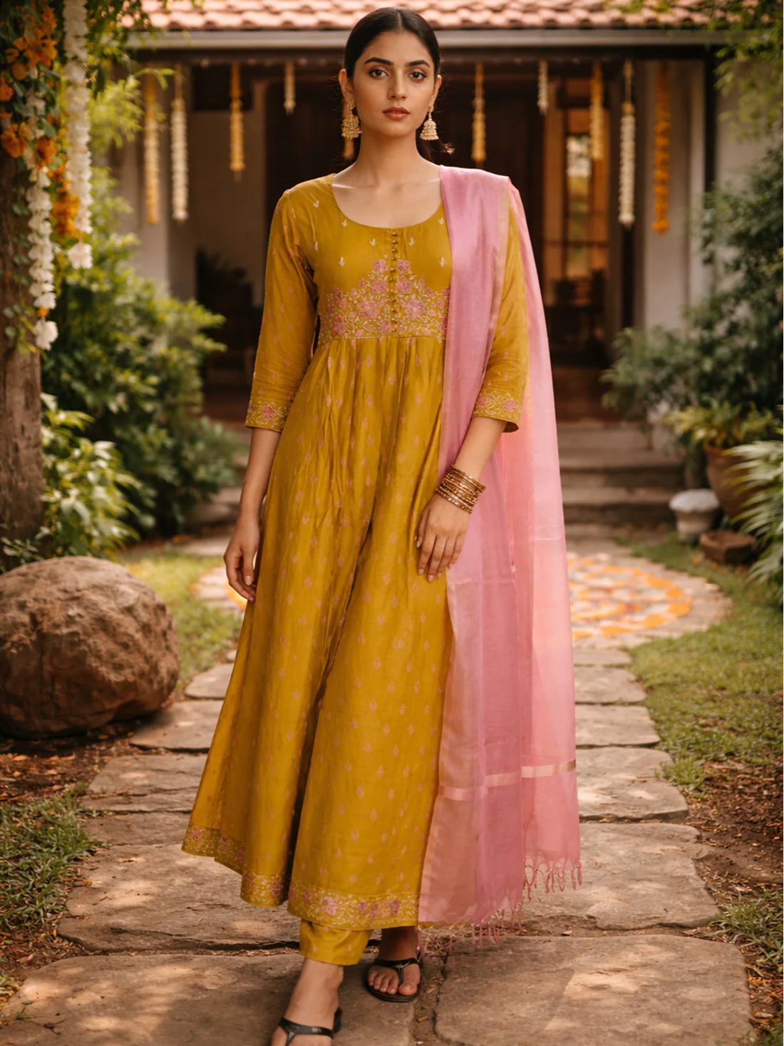 Buy Poly Viscose Embroidered Anarkali Calf Length Kurta with Pant and Dupatta-Mustard
