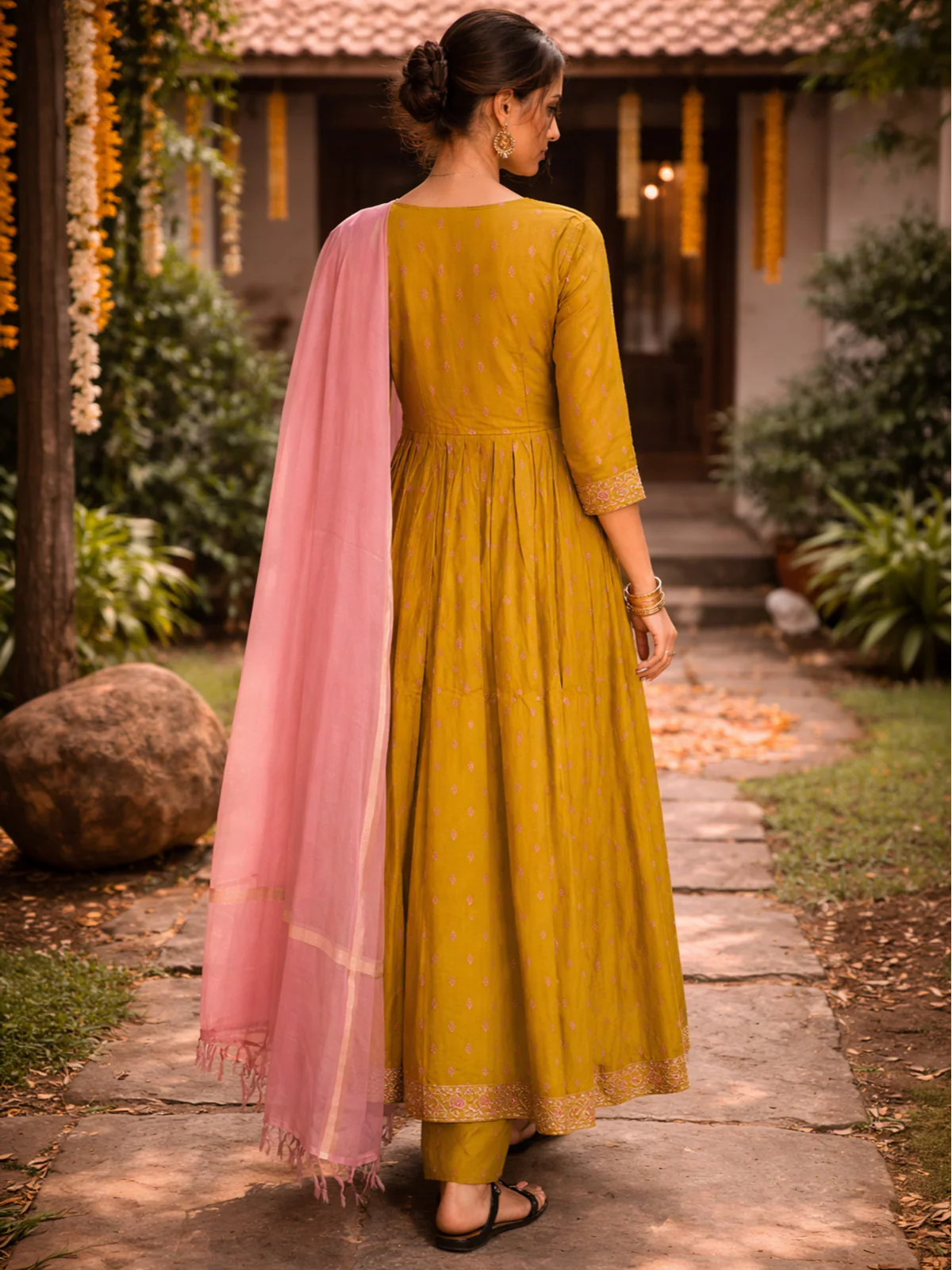 Buy Poly Viscose Embroidered Anarkali Calf Length Kurta with Pant and Dupatta-Mustard