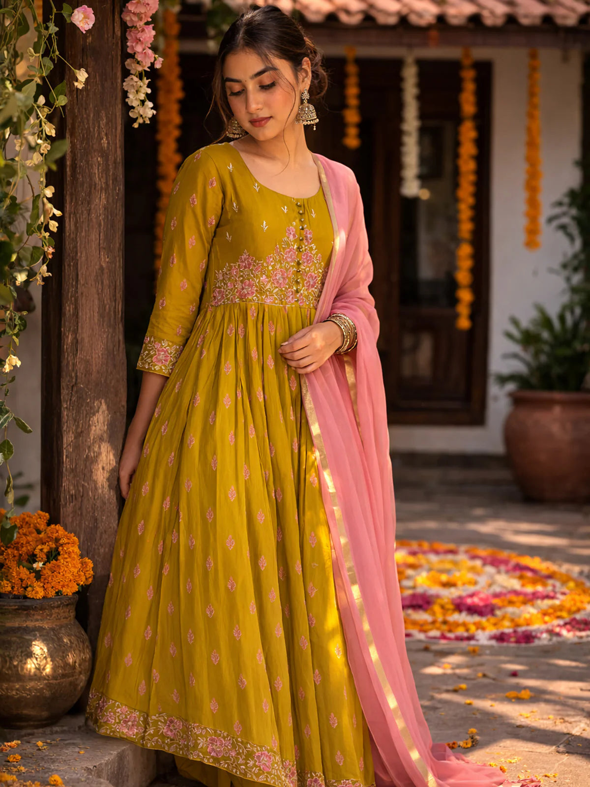 Buy Poly Viscose Embroidered Anarkali Calf Length Kurta with Pant and Dupatta-Mustard