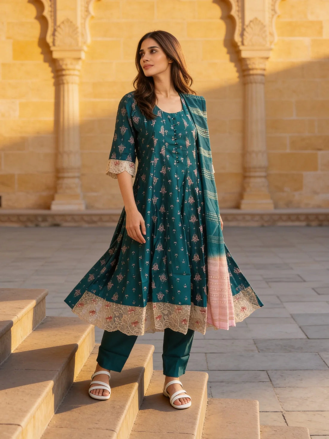 Buy Poly Viscose Embroidered Anarkali Calf Length Kurta With Pant and Dupatta-Turquoise