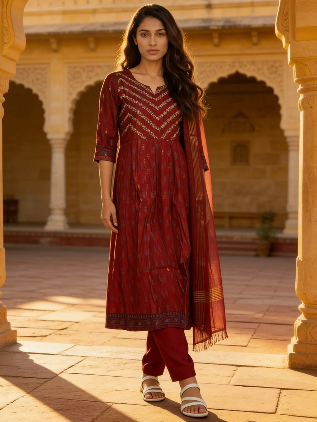 Buy Red Poly Viscose Embroidered Anarkali Calf Length Kurta With Pant and Dupatta-Red