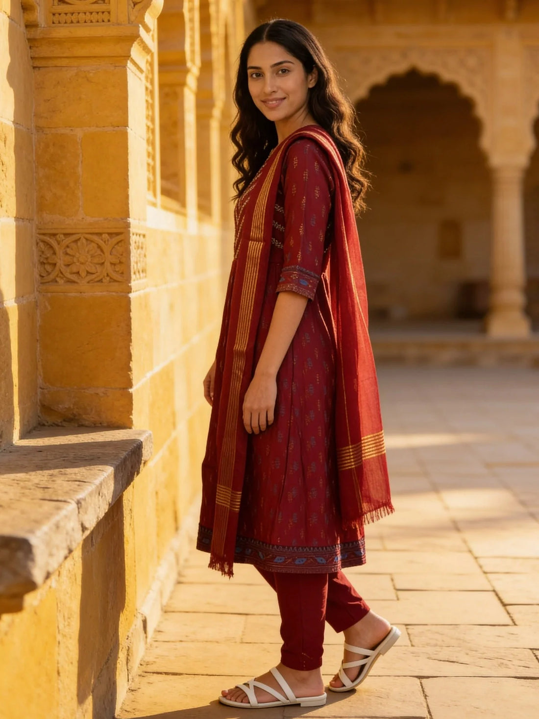 Buy Red Poly Viscose Embroidered Anarkali Calf Length Kurta With Pant and Dupatta-Red
